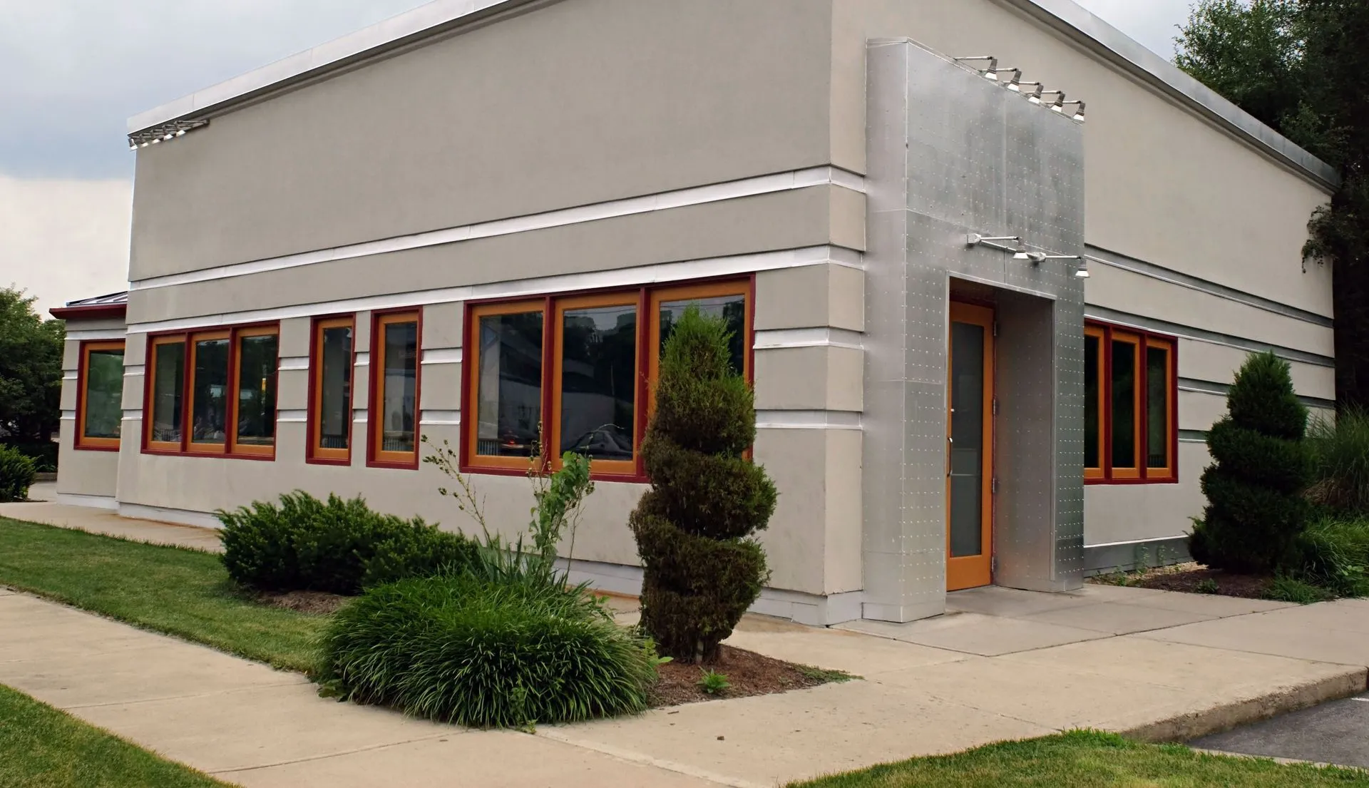 Commercial building with tinted storefront windows